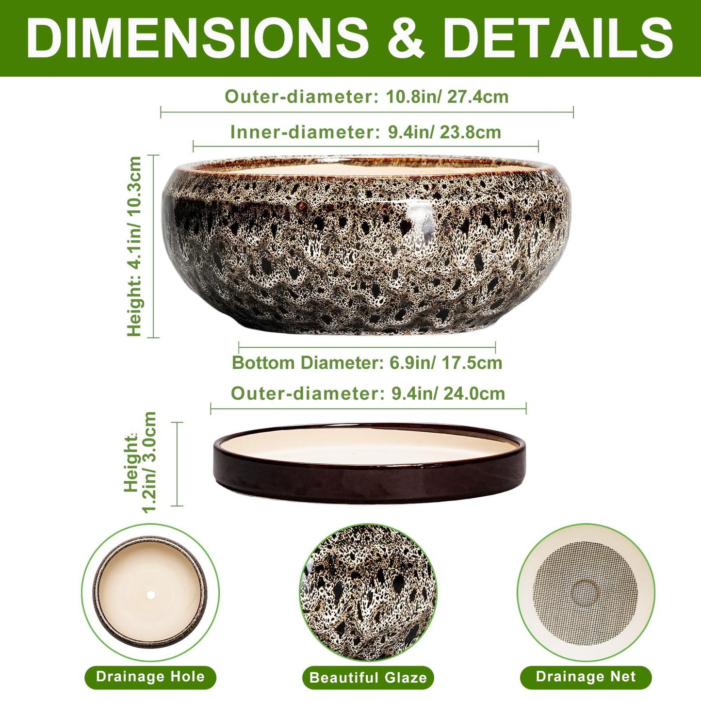EPFamily Succulent Pots 10 Inch - Ceramic Bonsai Pots with Drainage Hole and Tray, Large Succulent Planters, Shallow Planter Indoor, Round Planter Bowl, Window Decor, Gifts for Plant Lovers, White