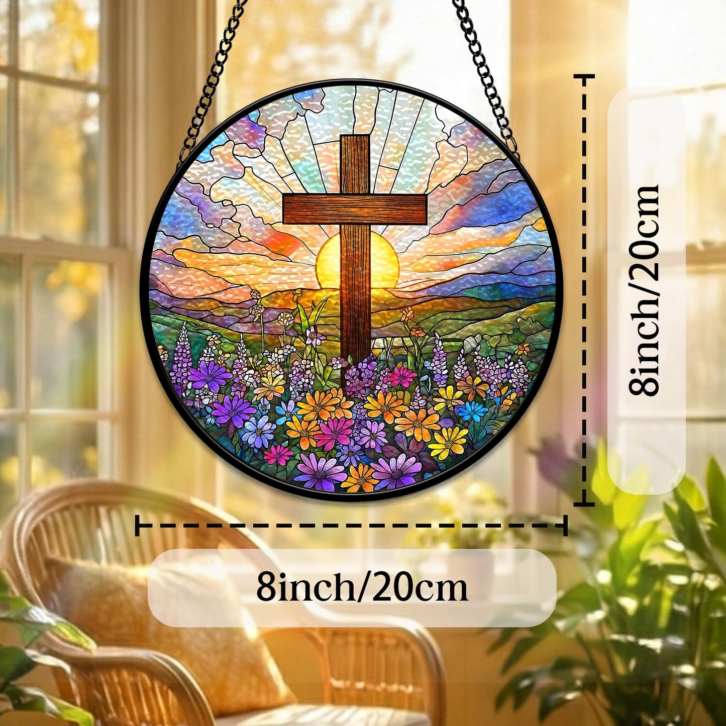 Stained Glass Window Hanging Decor,Cross Wildflowers Sun Catcher,Cross Suncatcher for Window, Stained Glass Hanging Ornament for Christian Easter,Religious Gift for Women Men 8 inch(Cross01)