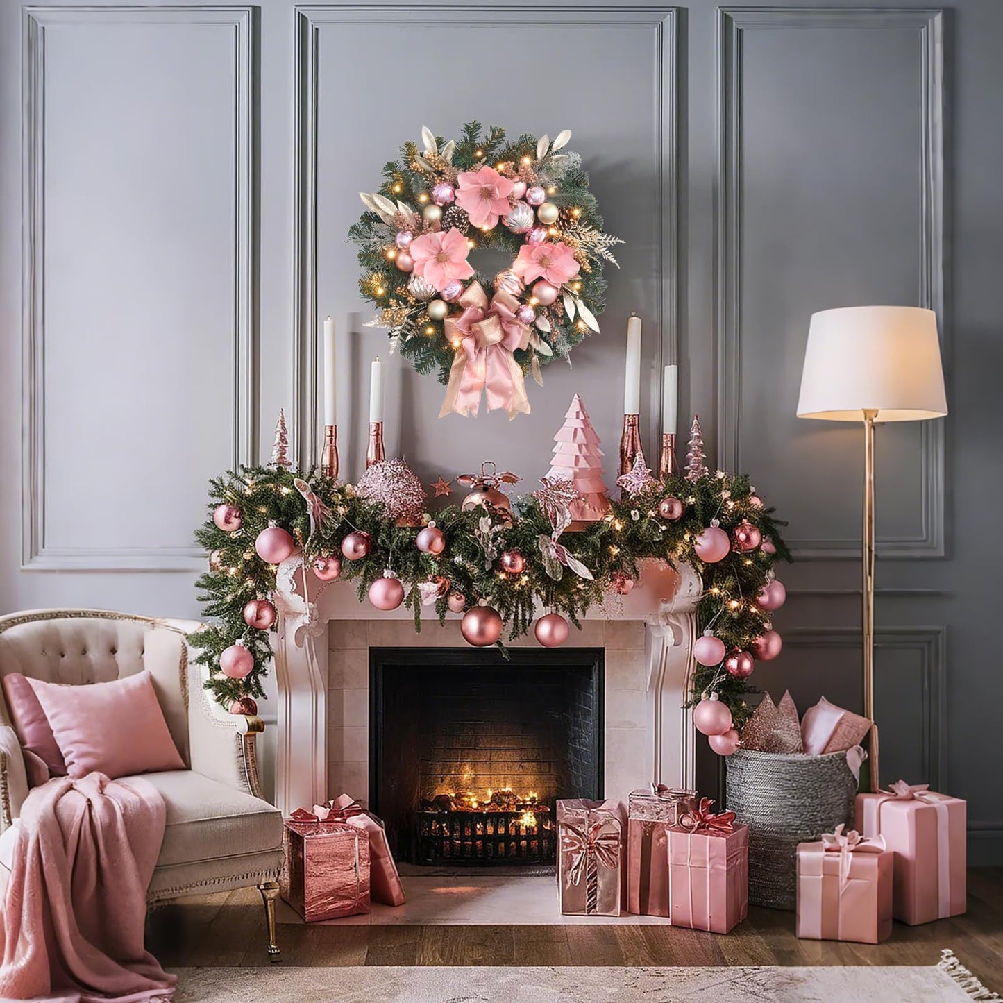 6ft Pink Gold Christmas Garland with Lights,20 LED with Timer, Lighted Door,Fireplace, Mantel and Stairs Winter Decor,Entryway Porch Decoration,prelit Elegant Magnolia Garland for Front Door