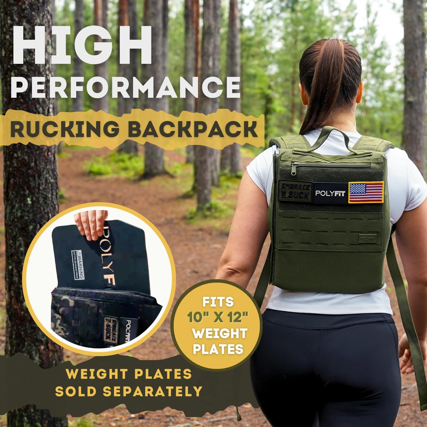Polyfit Rucking Backpack 2.0 - Weighted Ruck Pack for Weight Plates - Patent Pending Side-Loading Rucksack for Walking, Running, Rucking, Strength and Endurance Training - Green