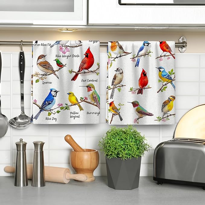 Birds on Branch Kitchen Towels Decorative Set of 4, Absorbent Cardinal