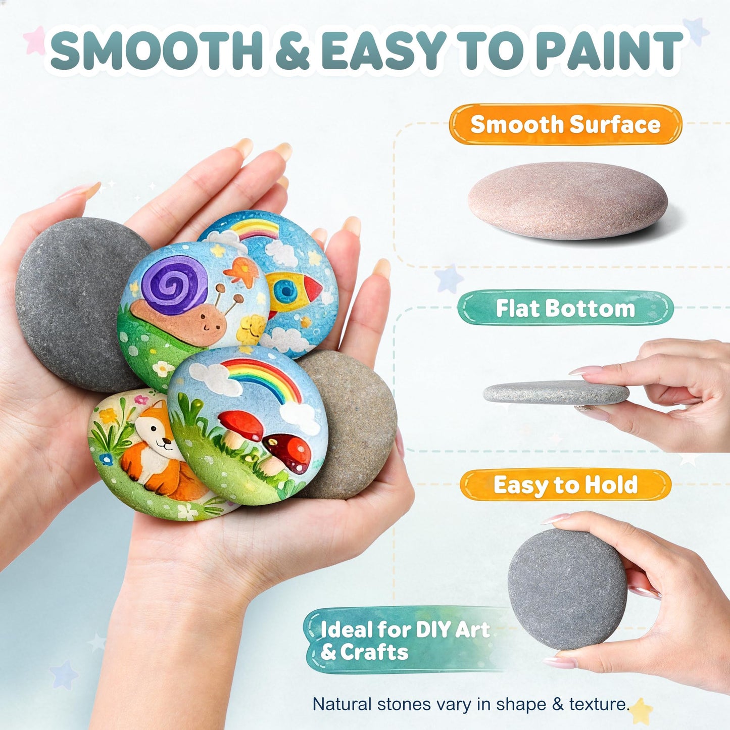 Rokraft 60 PCS Medium-Large 2.10-4.10" Smooth Natural River Rocks for Painting, Mixed Size Flat Painting Rocks for Classroom Projects, Group Crafts & Kids Art Activities