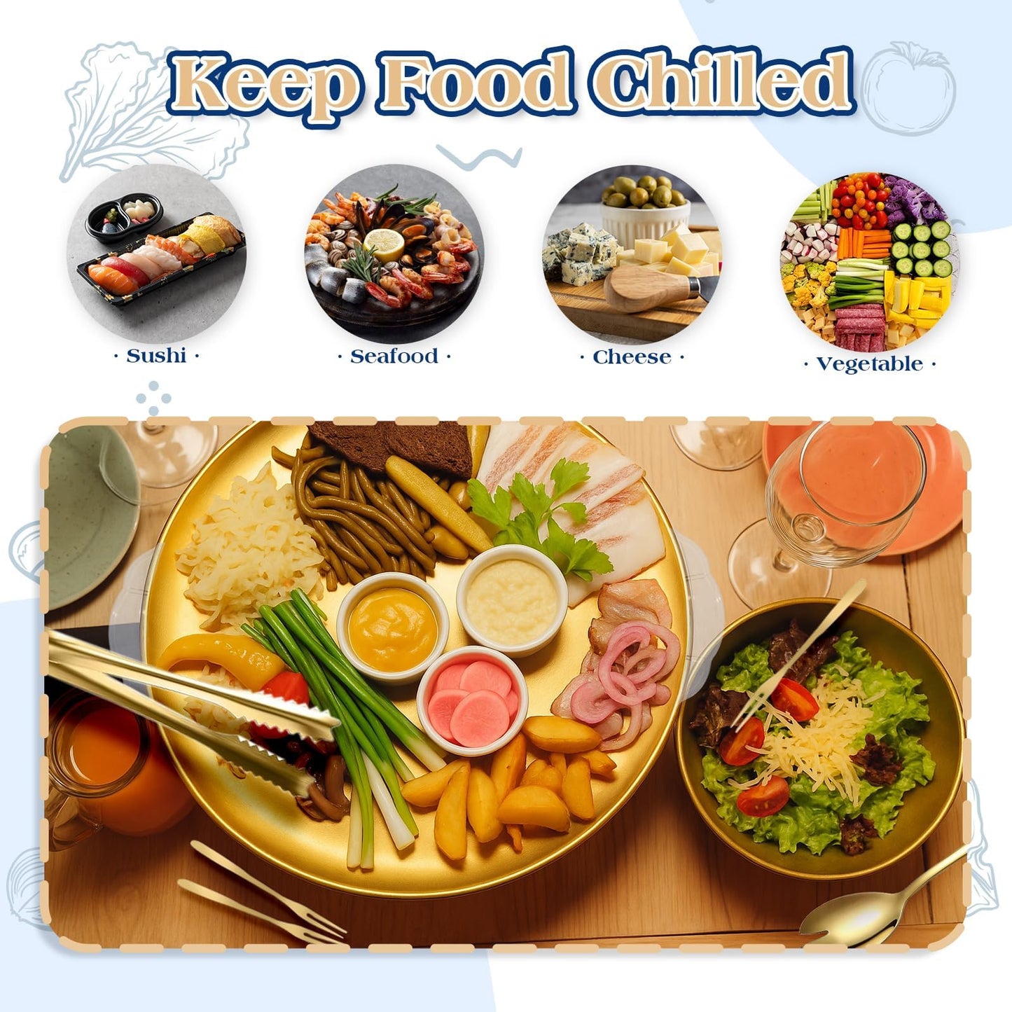 4 Set Gold Chilled Serving Tray and Dip Bowl for Parties, Chilled Serving Bowl Veggie tray Shrimp Cocktail Serving Dish with Salad Spoon & Fork, Tong and Forks for Fruit Seafood Vegetable Appetizer