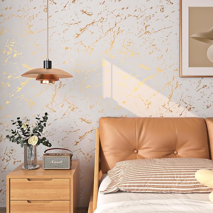 FunStick 36"x200" Cream White and Gold Wallpaper Peel and Stick Marble Contact