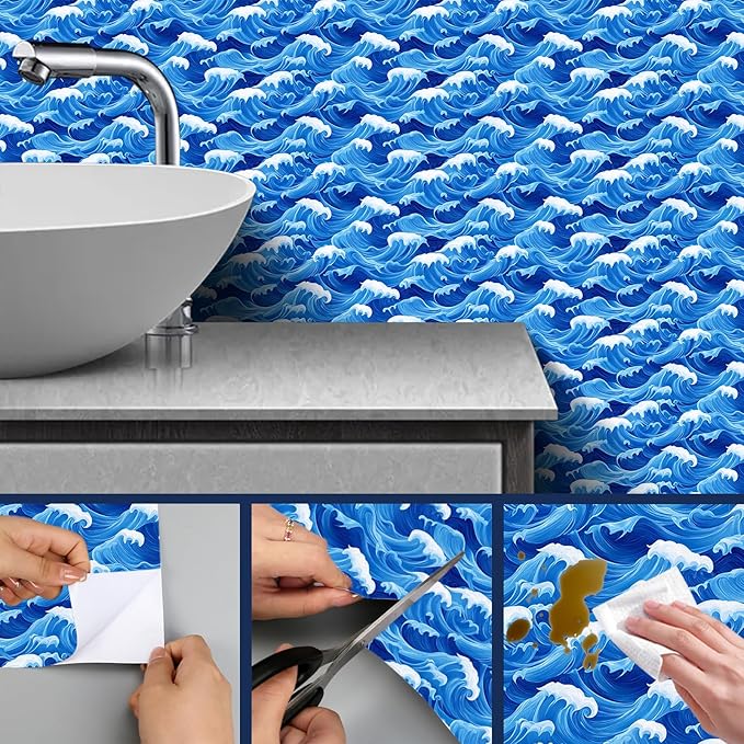 HOMETITUTE Ocean Blue Wave Pattern Wallpaper Peel and Stick Self Adhesive Vinyl