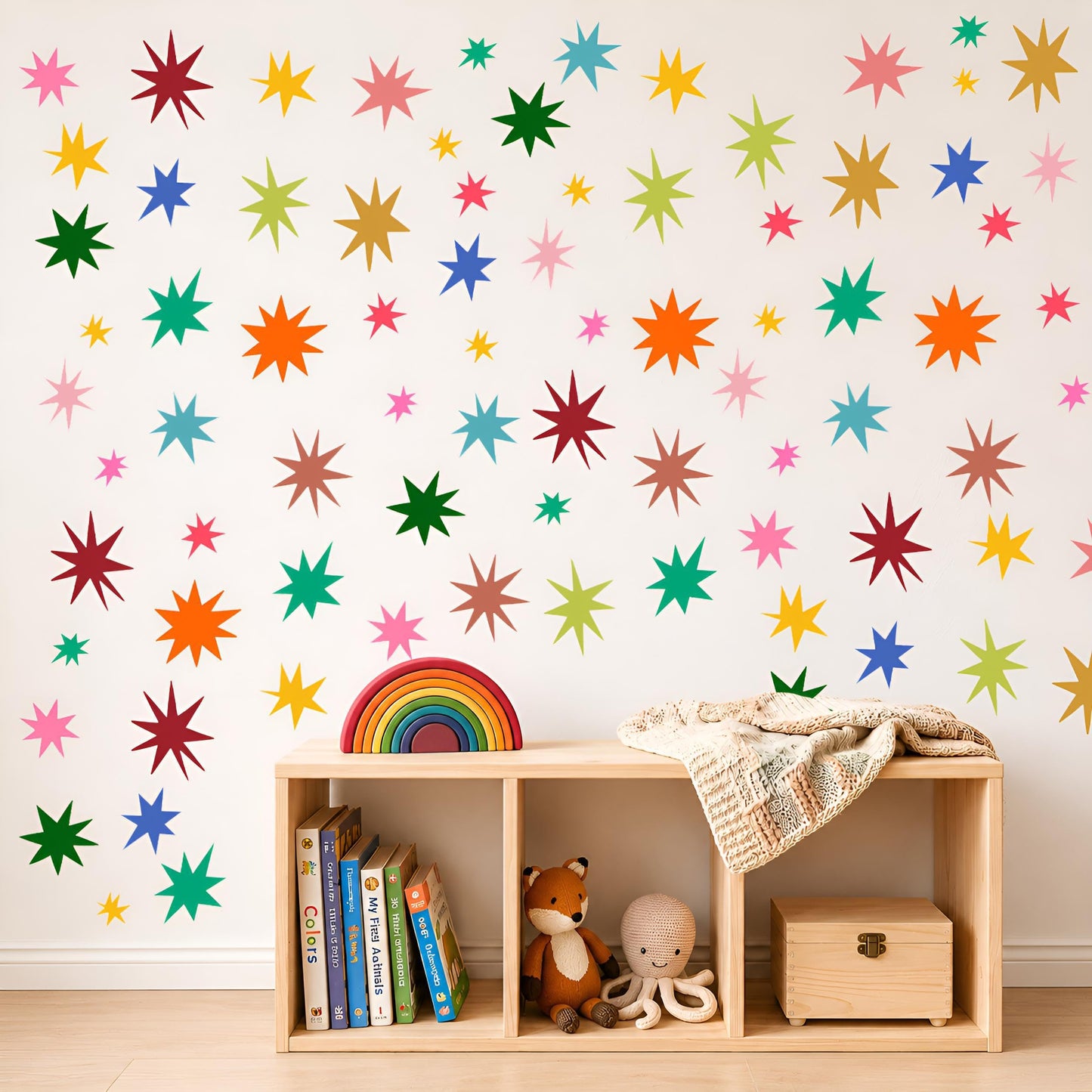 Wild Earth Colourful Stars Wall Stickers, Cosmic Carnival Wall Stickers, Removable Fabric Sticker, Wallpaper Effect Wall Sticker Irregular Star Wall Sticker Decals Nursery Playroom Decor (68 PCS)