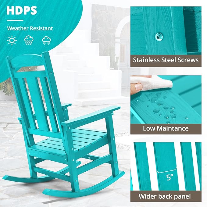 LUE BONA Outdoor Rocking Chairs Set of 4, HDPS Porch Rocker with High Back, Plastic Weather Resistant Rocking Chairs for Outdoor Indoor, Garden, Backyard, 350lb, Aruba Blue