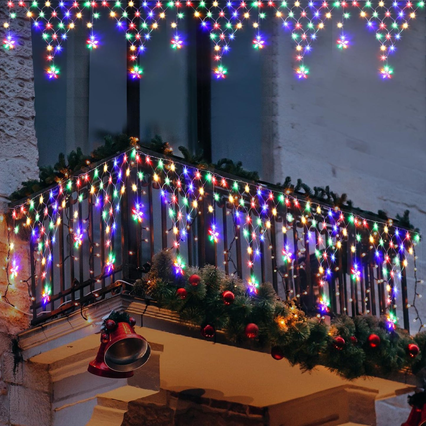 Ramadan Outdoor String Lights Waterproof, 218 LED 13.8FT Star Curtain Fairy Lights with 12 Drops Connectable Clear Wire Christmas Light Decorations 8 Modes for Eaves Yard Wedding Party Holiday Decor
