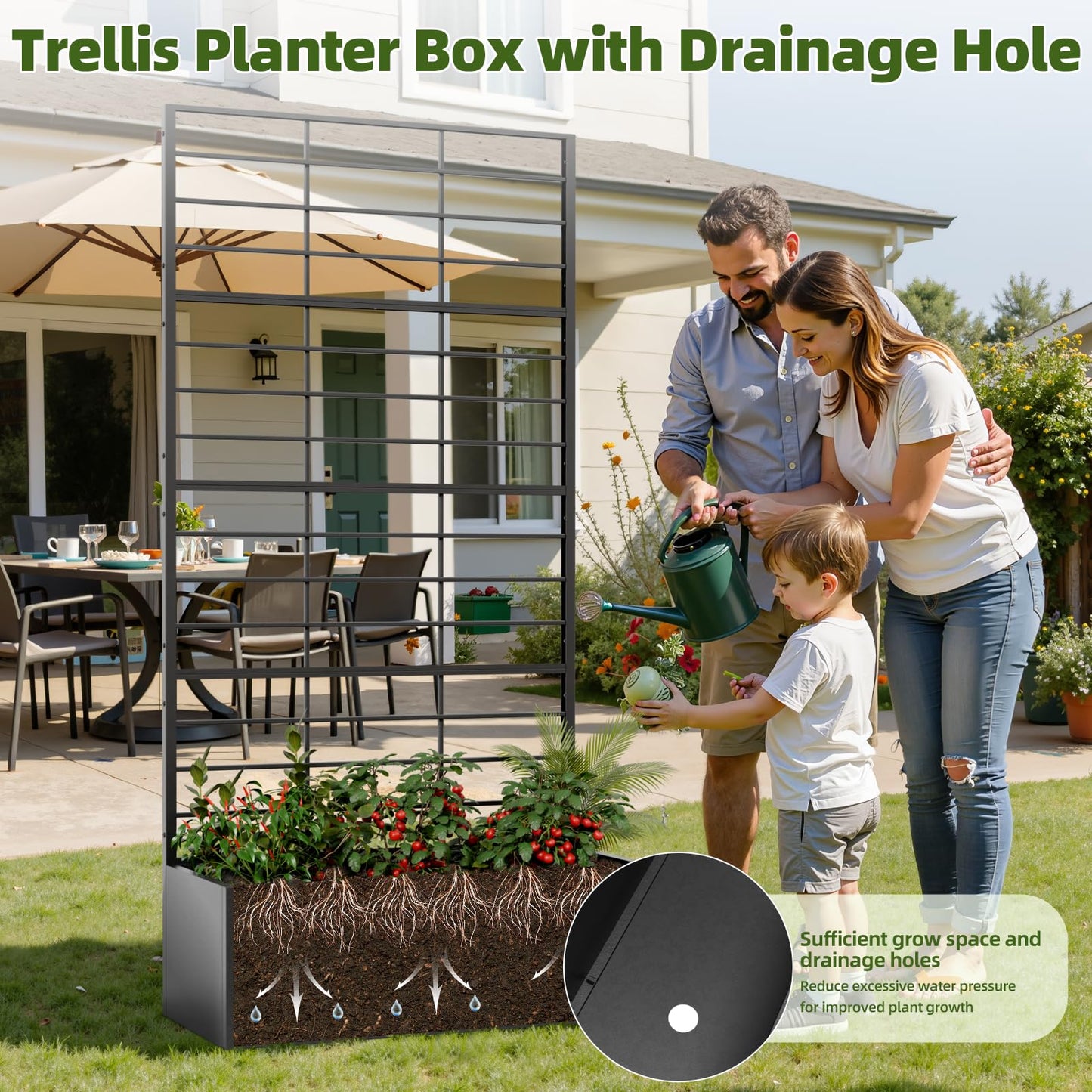 Trygoal Metal Planter Box with Trellis, 35" Lx15.7 Wx70.8 H Metal Raised Garden Bed with Trellis and Drainage Holes, Outdoor Standing Flower Bed for Climbing Plants,Vegetables,Vines, 2PCS