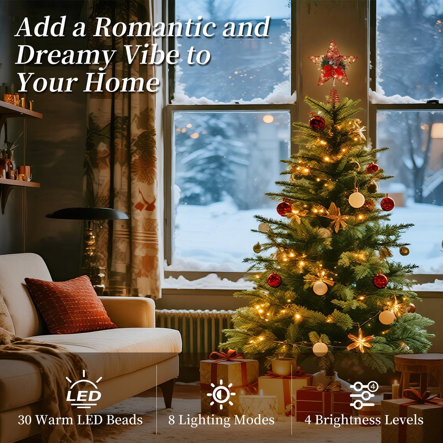 Lewondr Christmas Tree Topper, 8'' Small Metal Christmas Star Tree Topper with Pine Leaves and Bow, 30 LED Bulbs, 6H Timer, 8 Light Modes, USB & Remote Control Star Treetop for Home Xmas Decor, Red