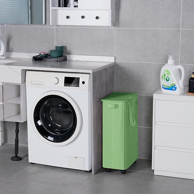 Slim Laundry Hamper with Lid and Wheels, Small Rolling Laundry Basket with