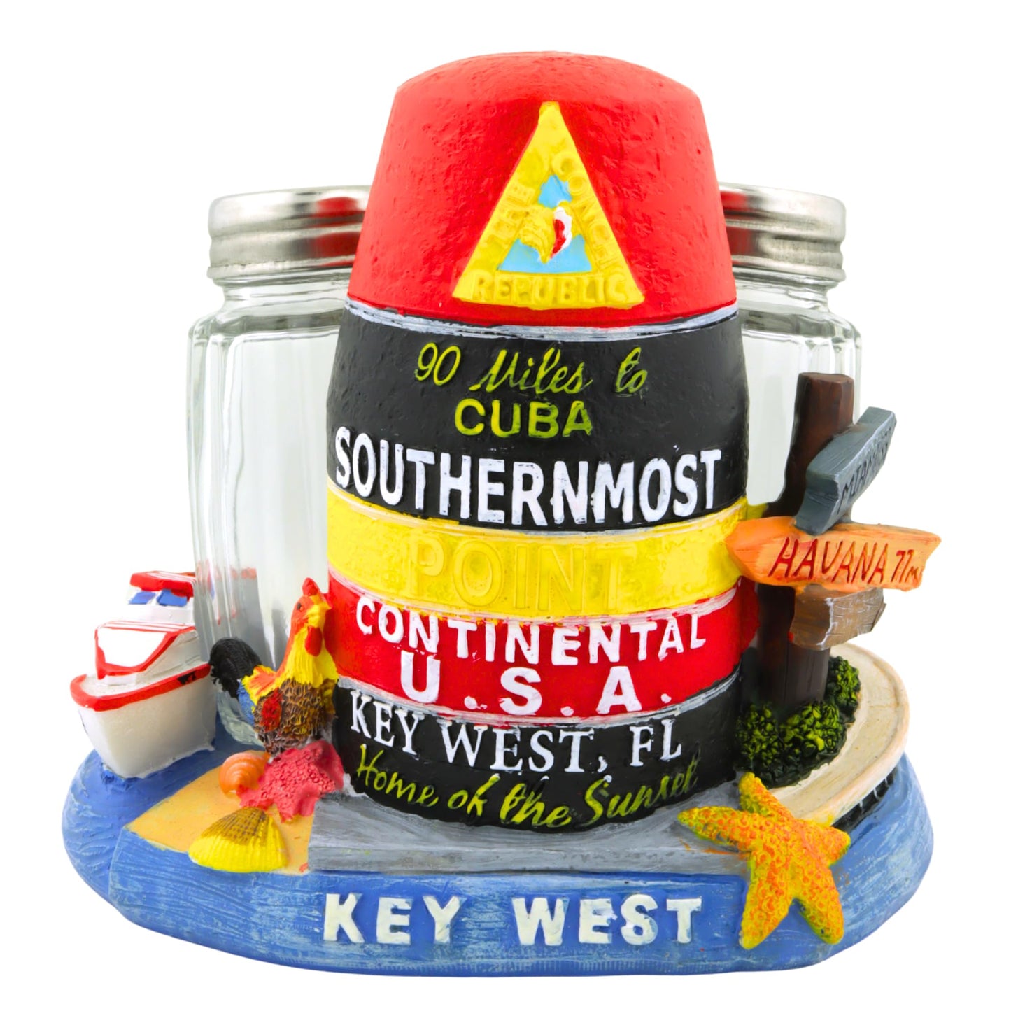 Key West Collage Salt and Pepper Shaker Holder Set with Glass Shakers, Tabletop Accessory for Kitchen, 4.5 Inches