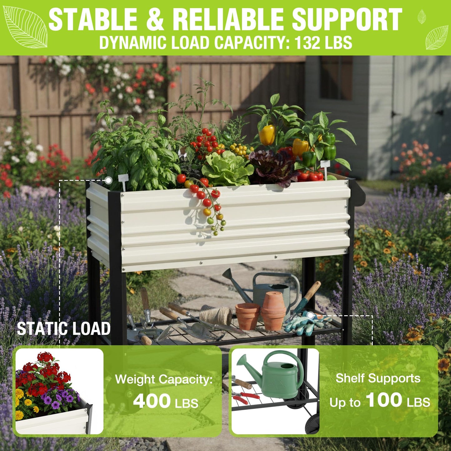 WORKPRO Galvanized Raised Garden Bed with Legs & Wheels, 37x14.6x31.6in, 400LB Capacity Elevated Planter Box for Garden, Backyard, Patio & Deck, White