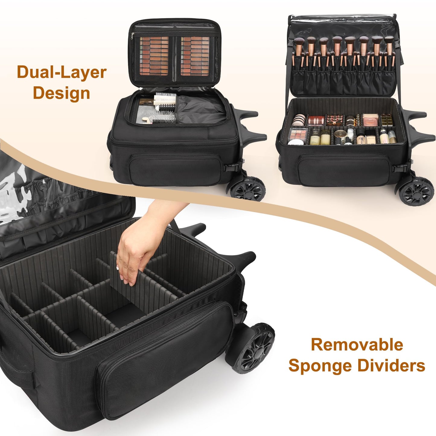 Relavel Rolling Makeup Case with Large Brush Bag, Professional Make Up Travel Organizer Bag with 2 big Wheels, Lockable Makeup Backpack with Adjustable Dividers for Makeup Artist - Black