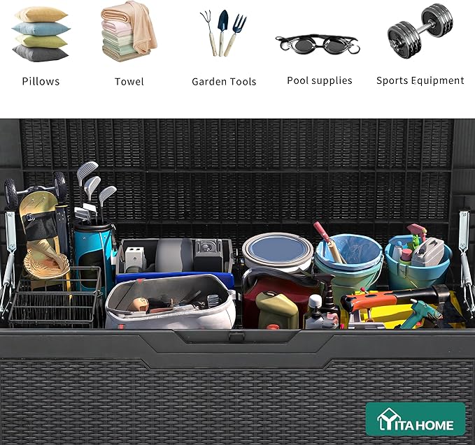 YITAHOME 100 Gallon Resin Deck Box, Weather Resistant Outdoor Storage Box, Lockable Indoor Outdoor Storage for Supplies and Essentials, Black