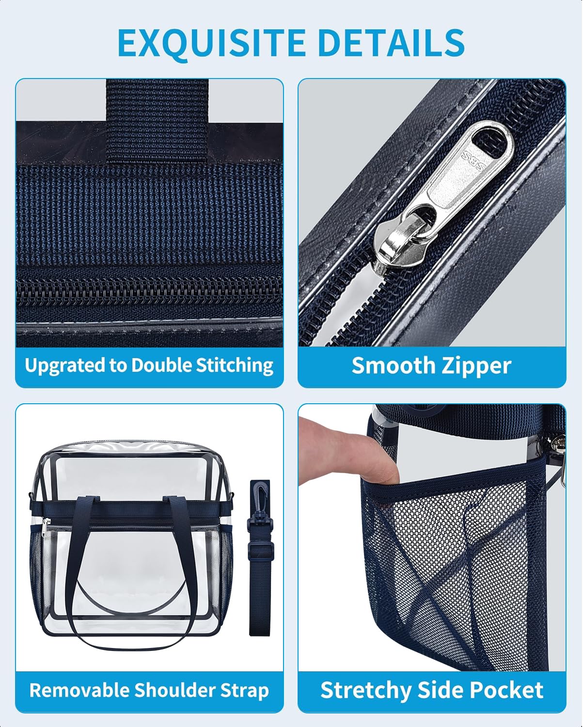 Paxiland Clear Bag for Stadium Events 12x6x12, Clear Tote Bag with Reinforced Strap, Transparent Bag for Sports Concert - Navy