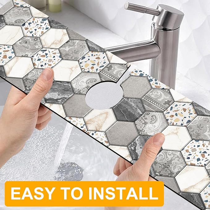 2 Pack Hexagon Marble Sink Splash Guard Faucet Mat Gold Glitter Lines Marble