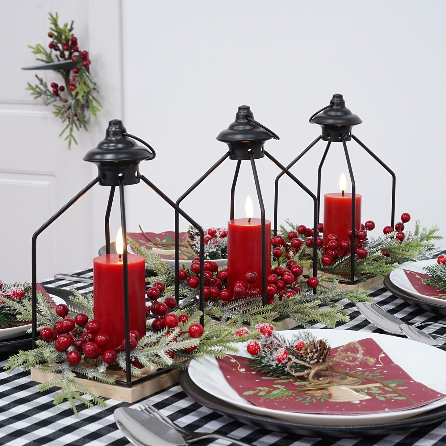 Rhytsing Christmas Table Centerpieces, H10 Inches Decorative Lantern with Real Wax Red LED Flameless Candle and Christmas Cedar Candle Ring, Battery Powered Metal Hanging Lanterns with Timer