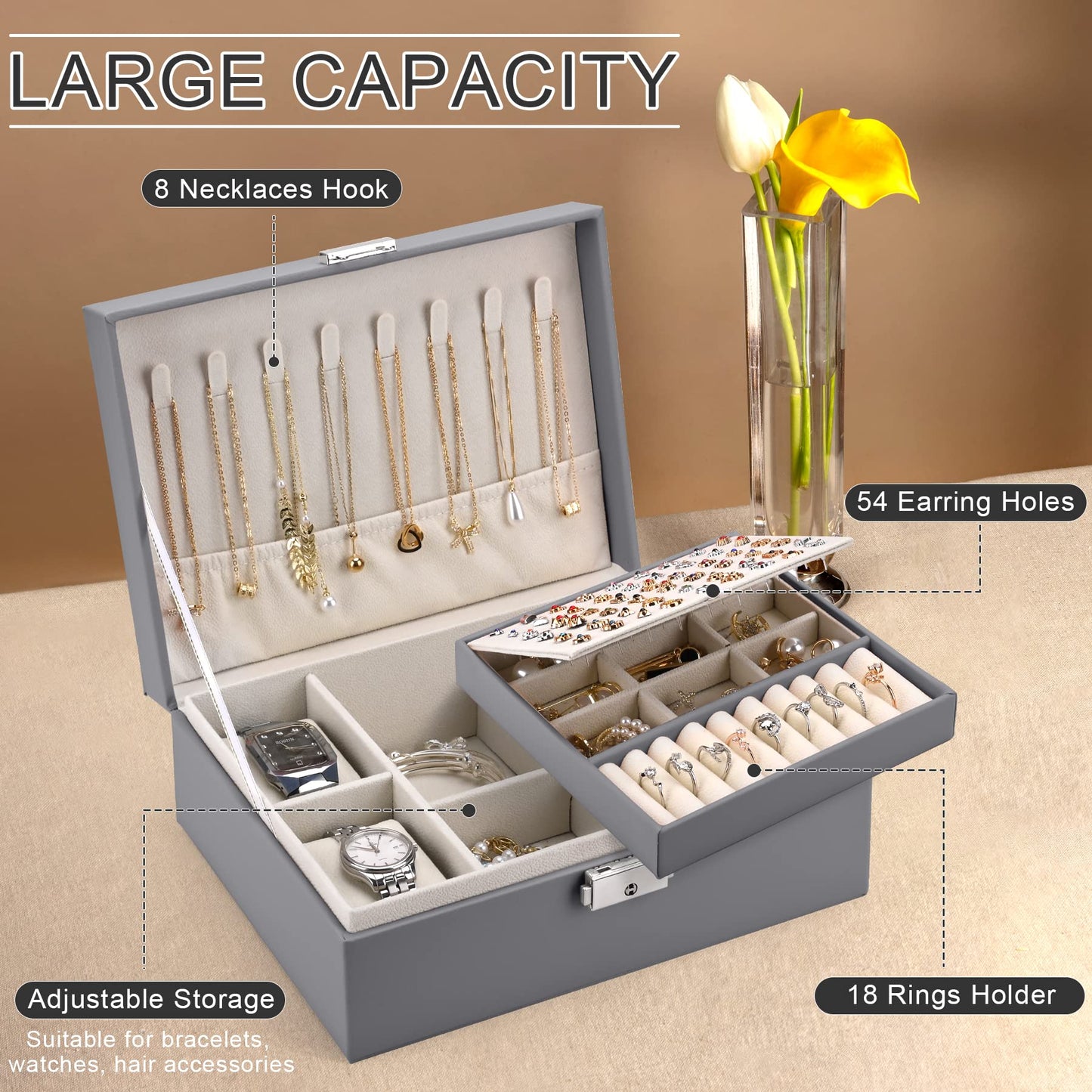 Pystuvo Jewellery Box for Women, 2-Layer Large Jewellery Organiser Box with 2 Watch Pillows, PU Leather, Travel Jewellery Organiser for Earrings Rings Necklaces Watches Bracelets,Grey