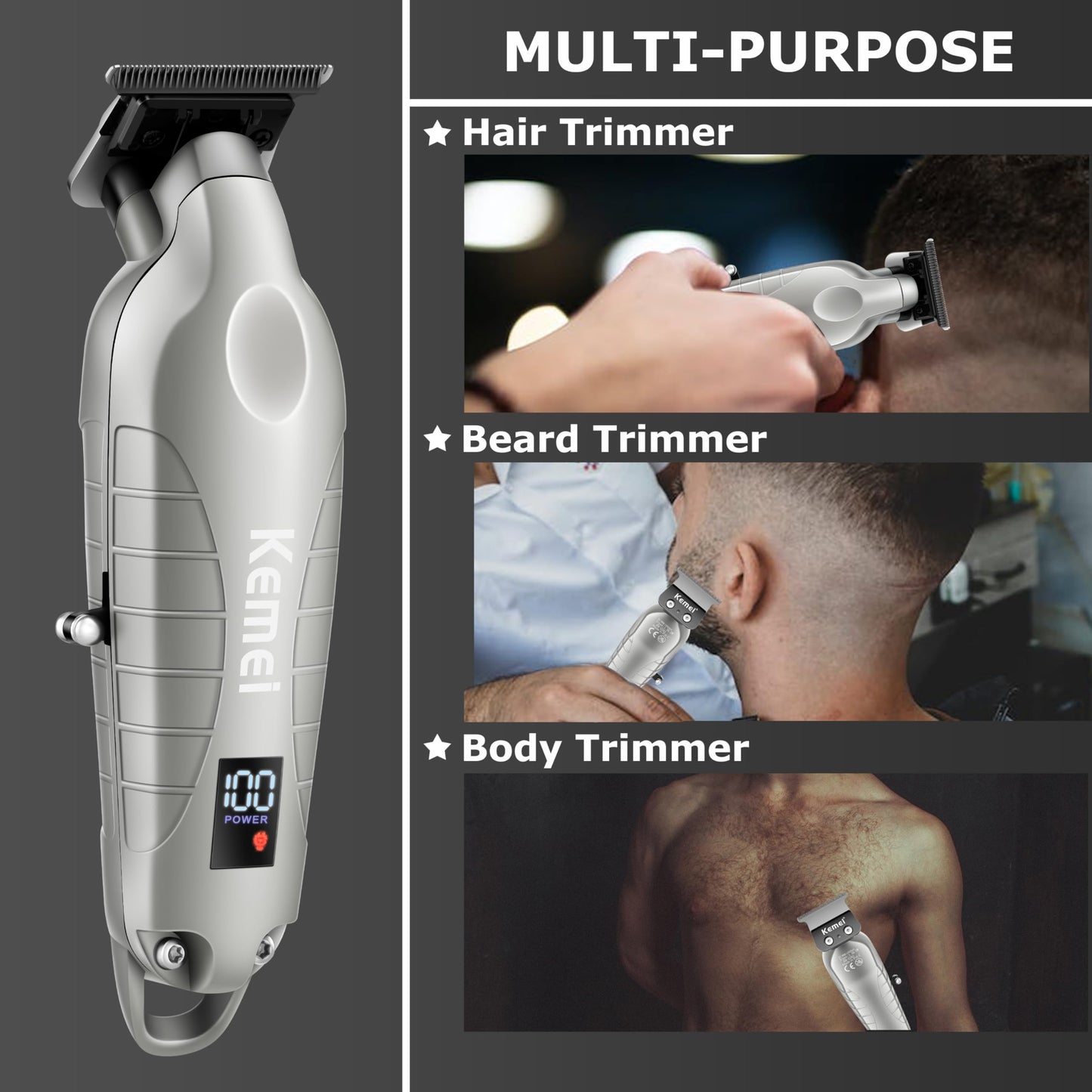 KEMEI 2293 Professional Hair/Beard Trimmer for Men Zero Gapped Hair Clippers for Barber with T Blade, Cordless Rechargeable