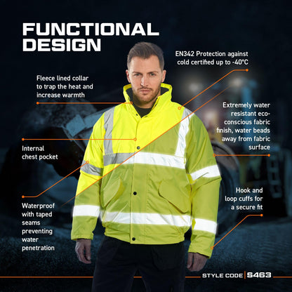 Portwest S463 Men's Hi-Vis Winter Bomber Jacket Waterproof Safety Cold Protection EN342 Certified Reflective Tape Texpel Eco Fabric Multiple Pockets Pack Away Hood, Yellow, L