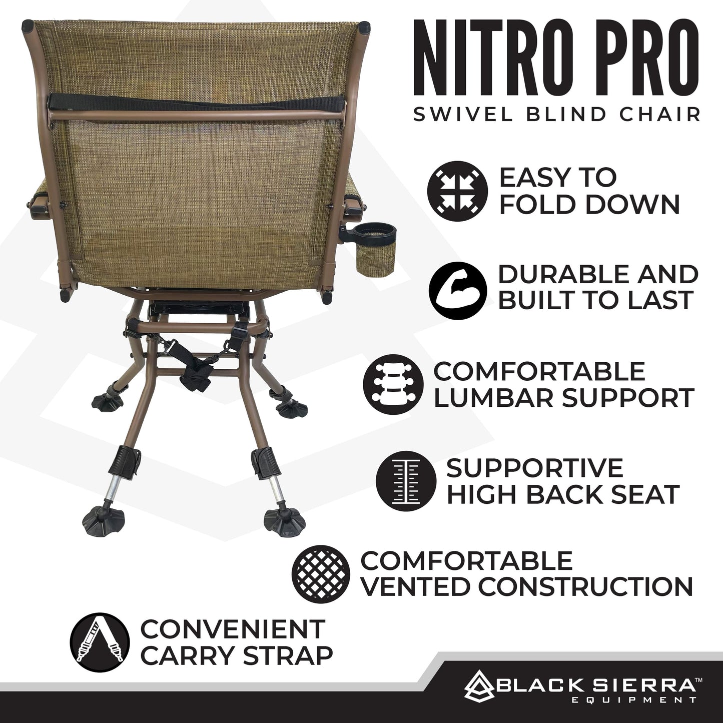 Black Sierra XL Swivel Hunting Chair 360 Silent Blind Seat Heavy Duty Support 300 lbs w/Padded Armrests, All Terrain Feet Cupholder and Carry Strap, Portable Outdoor Seat for Turkey and Deer Hunting