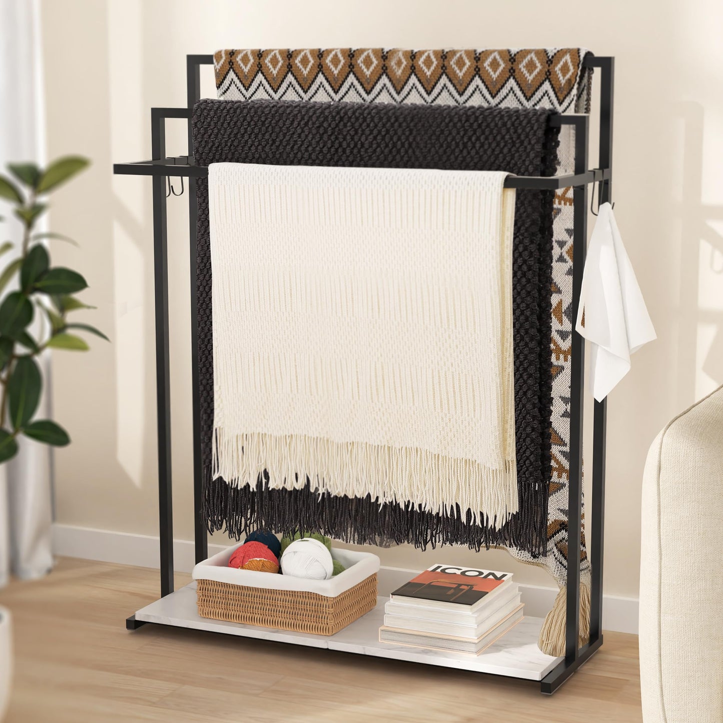 KES Extra Large Free Standing Towel Racks for Bathroom with Anti Wobble Base, 44 Inch Blanket Rack, 3-Tier Blanket Holder for Living Room with Weighted Marble Shelf & 4 Hooks, Matte Black, BTH504-BK
