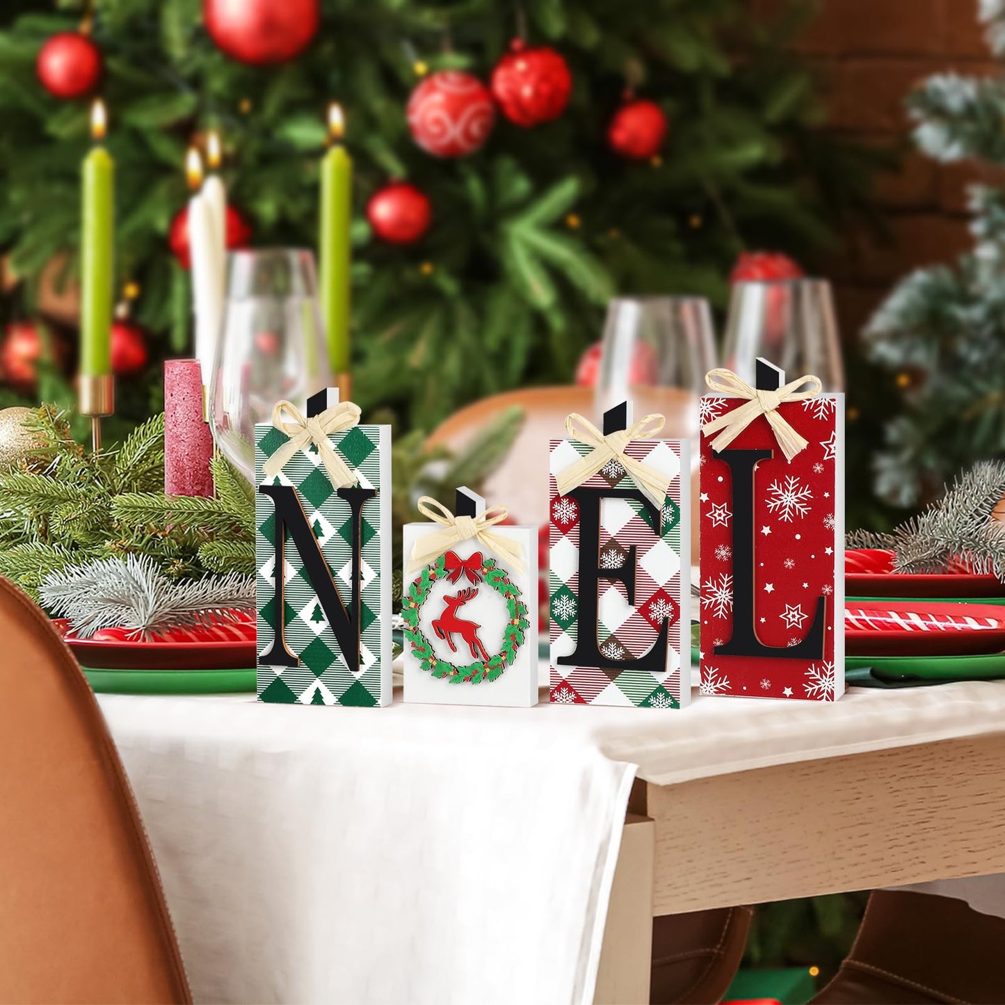 Christmas Wooden Noel Decorations,4Pcs Rustic Christmas Table Sign Decor,Letter Freestanding Xmas Centerpiece Table Tiered Tray Sign for Indoor Party New Year Winter Holiday Home Fireplace