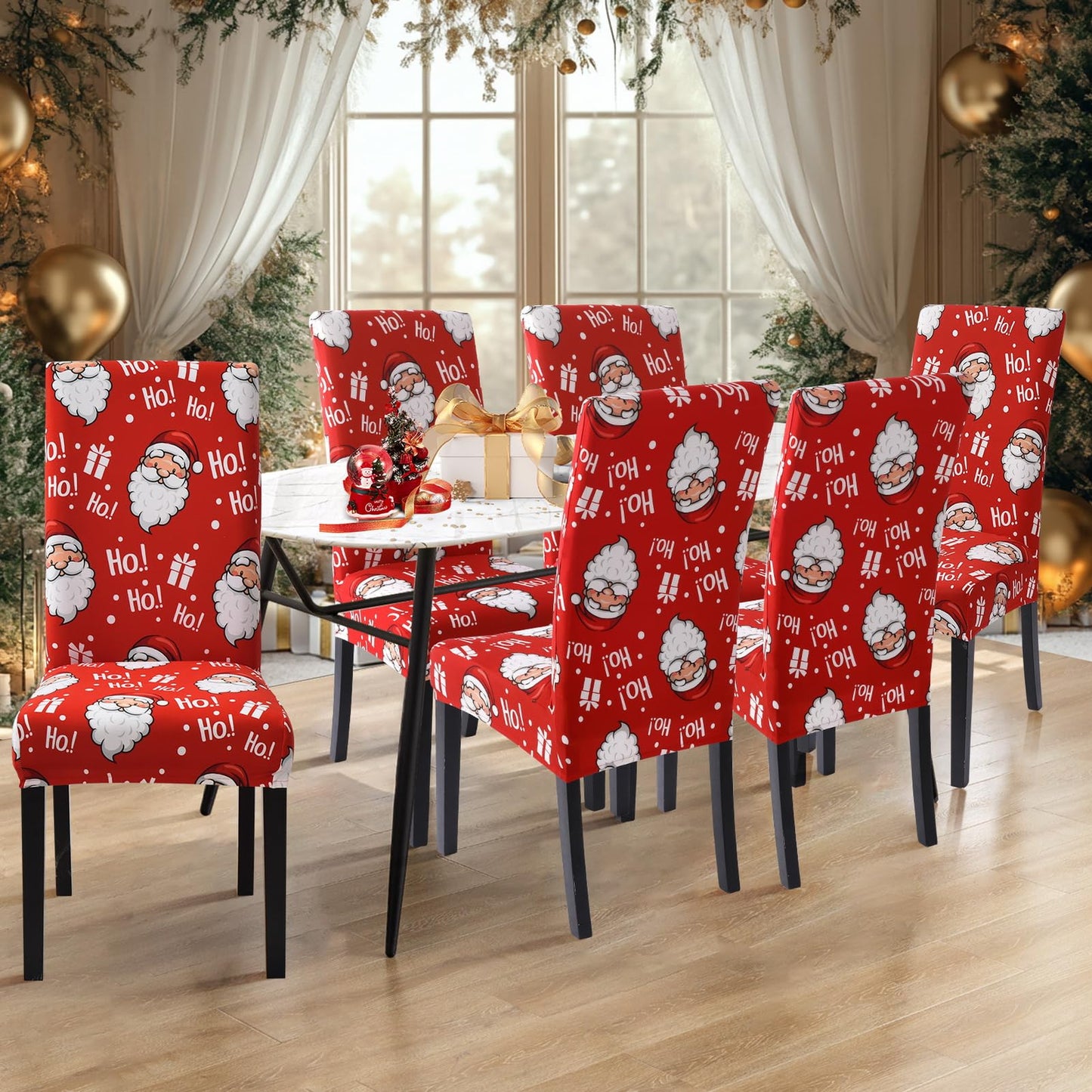 SearchI Christmas Chair Covers Set of 4, Stretch Xmas Kitchen Chair Cover Removable Washable Holiday Parsons Chair Slipcovers for Dining Room, Christmas Decoration, Ceremony(Santa Claus)