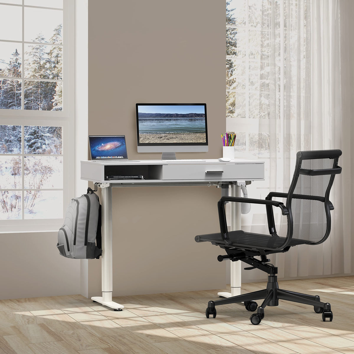 SHW 40-Inch Height Adjustable Claire Electric Standing Desk with Drawer, White