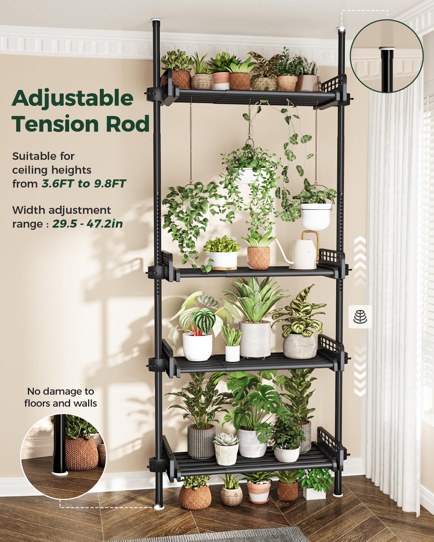 Bamworld Tension Rod Plant Stand Adjustable Hanging Plant Shelf Indoor Tall Plant Pole Stand Floor to Ceiling Pole for Living Room Bedroom Flower Holder For Multiple Plant Pots Display Black New Version