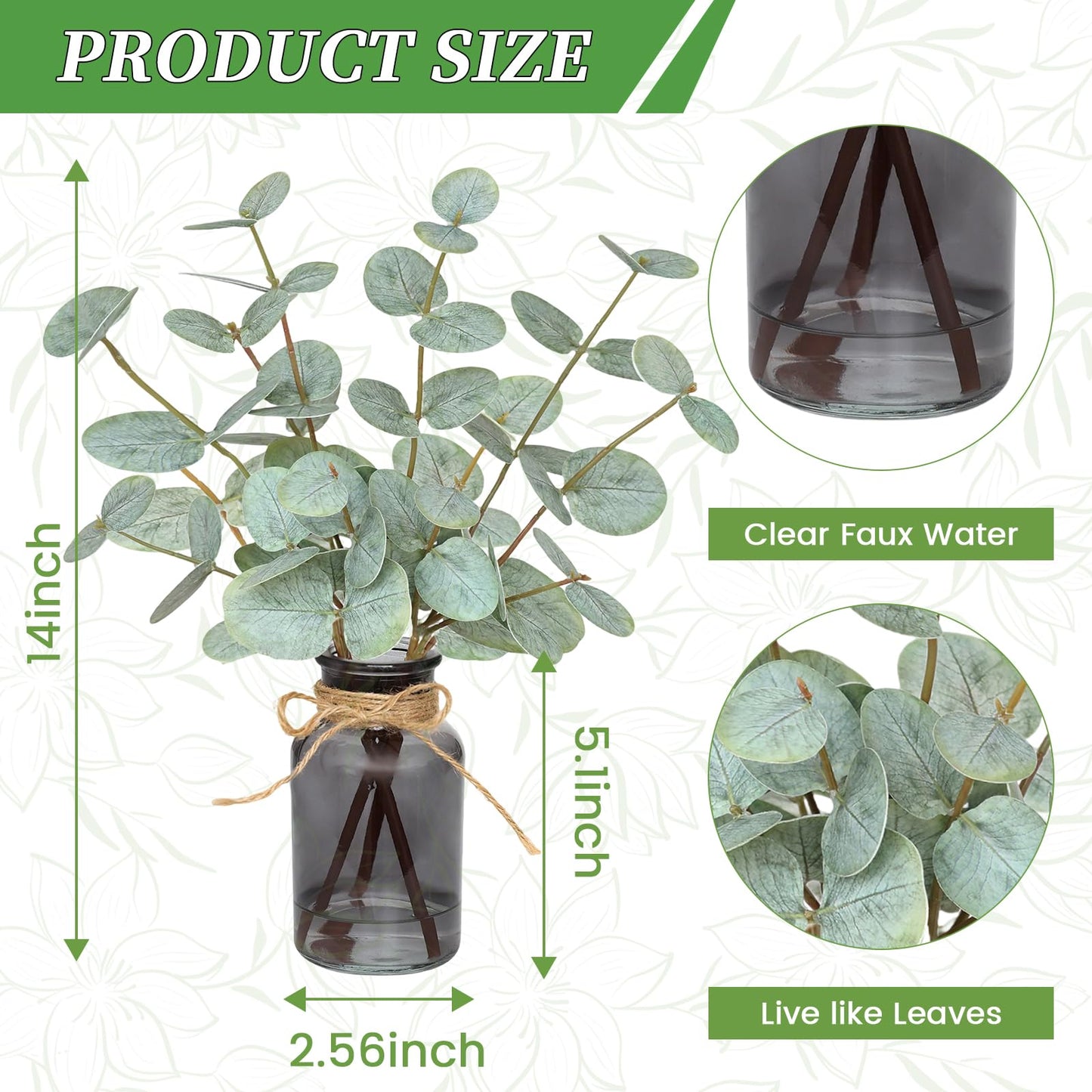 Piklado Artificial Eucalyptus Stems in Vase with Faux Water,Fake Plants for Bathroom,Coffee Table,Green Leaves for Centerpiece,Faux Greenery Plants Decorations.(Green-Black Bottle)