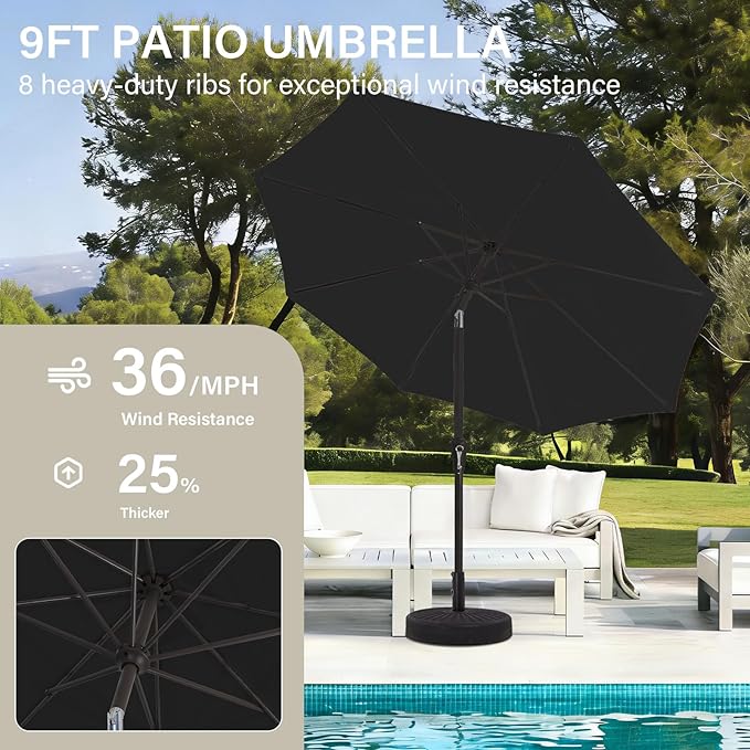 MEWAY 9ft Patio Umbrella Outdoor Table Umbrellas with Push Button Tilt and Crank, Market Umbrella 8 Sturdy Ribs for Deck, Garden, Pool and Backyard, Black