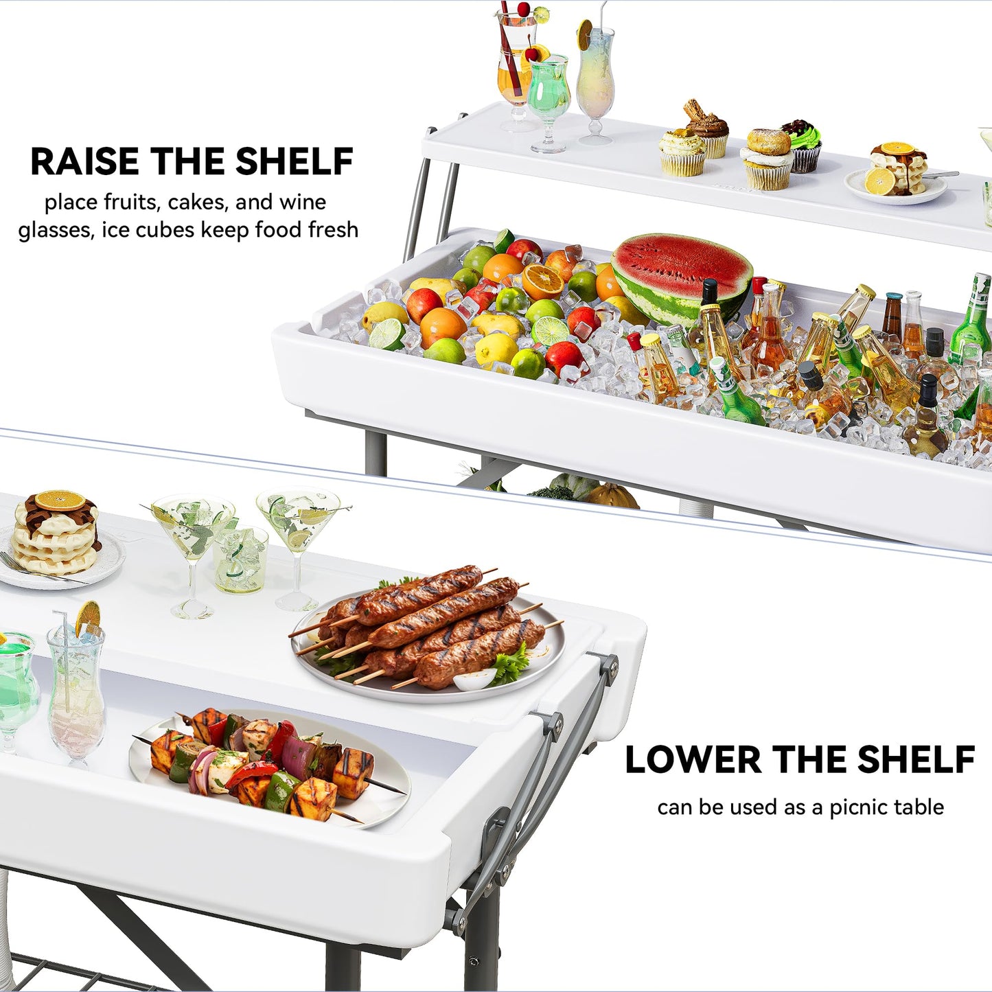 YITAHOME Two-Tier Ice Table, 4FT Folding Ice Cooler Table with Drain and Detachable Skirt, Portable Ice Table for Parties, Picnics, Camping, Weddings, BBQs