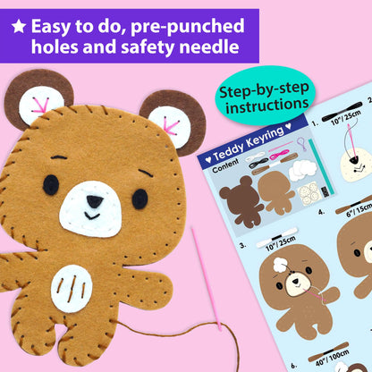 KRAFUN Unicorn Sewing Keyring Kit for Kids Ages 7-12, Beginner Craft Set with 6 Stuffed Dolls (Bear, Dog, Rabbit, Raccoon, Owl, Unicorn), Felt Materials, Embroidery Supplies, Instructions