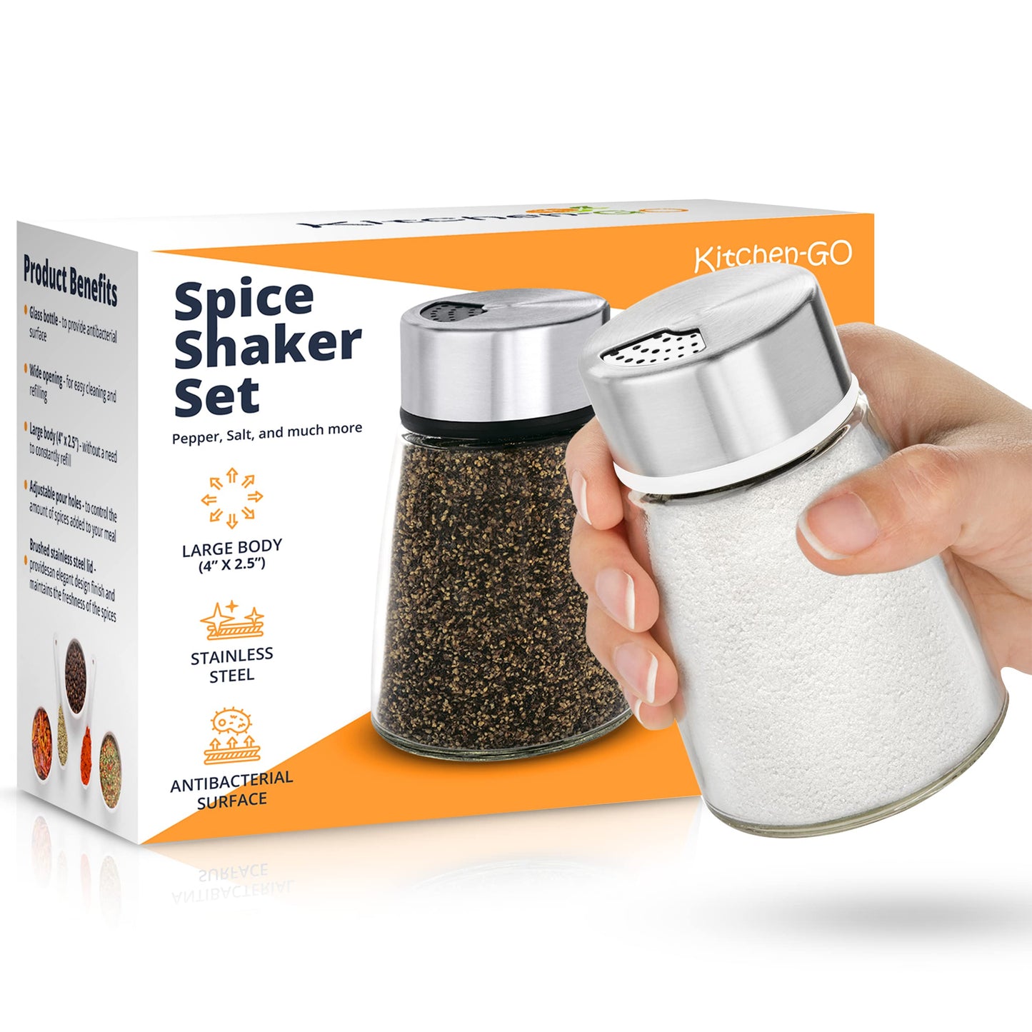 Salt and Pepper Shakers Set with Adjustable Pour Holes - Stainless Steel Spice Dispenser - Perfect for Pink Himalayan, Table Salt, Black and White Pepper