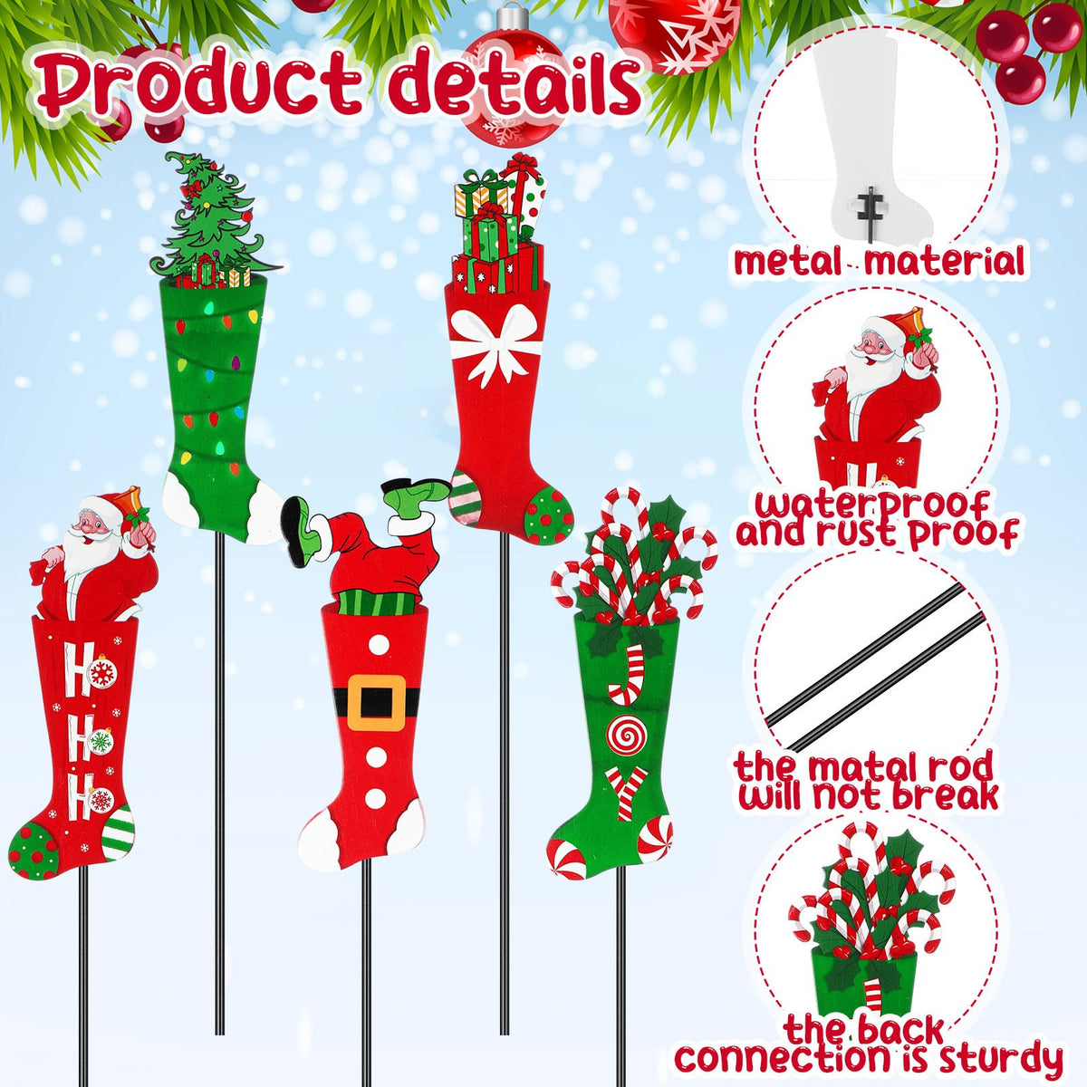 Roowest 5 Pack 12'' H Metal Christmas Yard Stakes Outdoor Decorations Red and Green Christmas Stocking Elf Santa Signs Winter Potted Plant Stakes for Holiday Lawn Garden Home Porch Party Decor