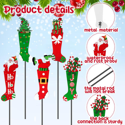 Roowest 5 Pack 12'' H Metal Christmas Yard Stakes Outdoor Decorations Red and Green Christmas Stocking Elf Santa Signs Winter Potted Plant Stakes for Holiday Lawn Garden Home Porch Party Decor