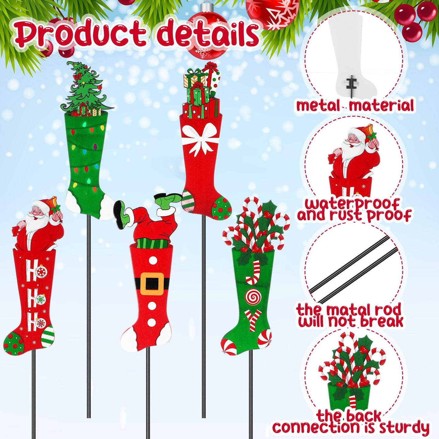 Roowest 5 Pack 12'' H Metal Christmas Yard Stakes Outdoor Decorations Red and Green Christmas Stocking Elf Santa Signs Winter Potted Plant Stakes for Holiday Lawn Garden Home Porch Party Decor