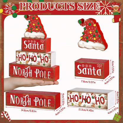 Moucuny 4 Pcs Christmas Table Sign Christmas Hat Wooden Decorative Signage Xmas Tiered Tray Decor Winter Centerpieces Farmhouse Wooden Block Set Xmas Table Sign for Home