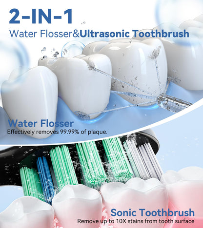 Water Flosser & Ultrasonic Electric Toothbrush Combo, 600ML Water Dental Flosser with 7 Jet Tips, 10 Adjustable Water Pressure, 5 Toothbrush Heads for Home Use, Gums, Braces (Black)