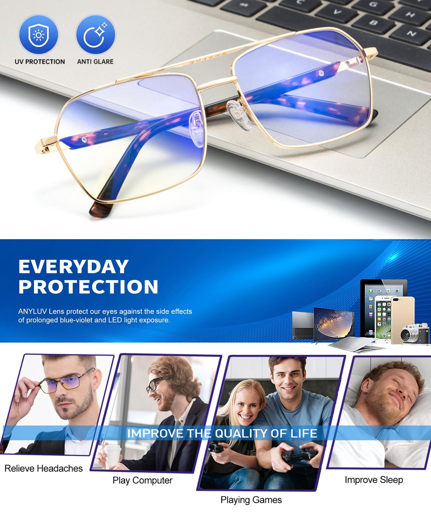 ANYLUV Blue Light Glasses Men/Women, Blue Light Blocking Glasses, Computer Screen Blocker Eyes Protection Glasses