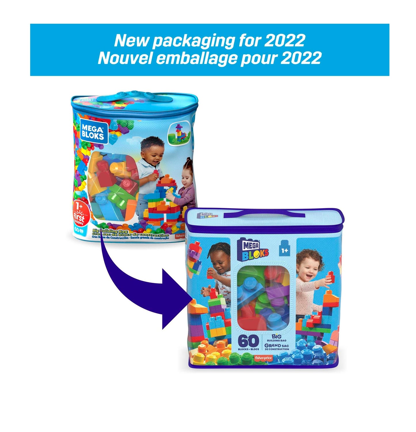 MEGA BLOKS Big Building Bag building set with 60 big and colorful building blocks, and 1 storage bag, toy gift set for ages 1 and up, DCH55
