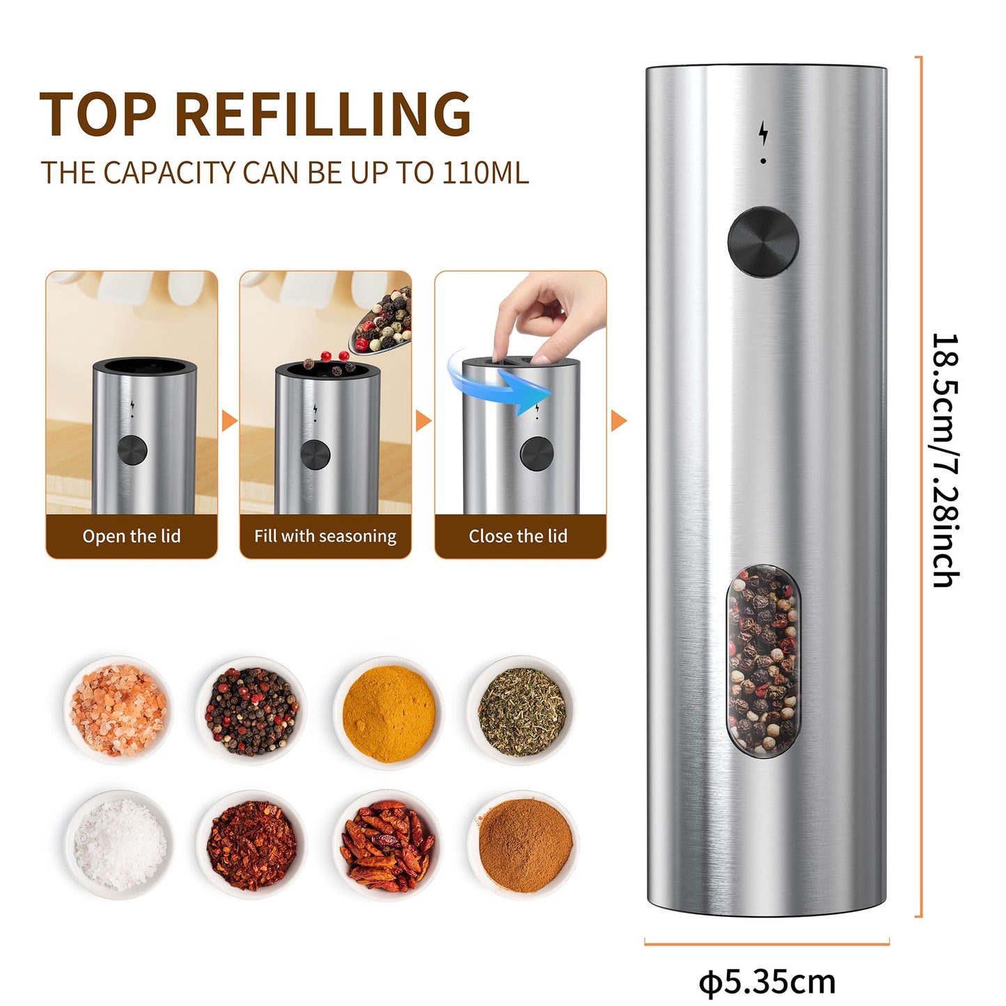 Rechargeable Salt and Pepper Grinder Set,Automatic Rechargeable, LED Light, External Adjustable Coarseness, Upgrade Large Capacity, Rechargeable Base Kitchen, Dining & BBQ, Gifts for Women Mom(Silver)