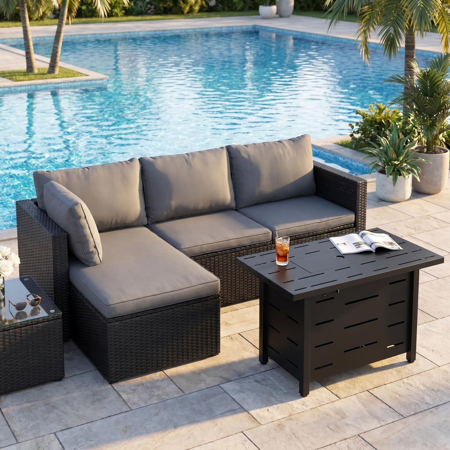 SUNLEI 4-Piece Patio Furniture Set with 43" Propane Fire Pit Table, Outdoor Wicker Sectional Sofa Set, All-Weather Conversation Set for Backyard, Poolside, Garden, Grey Cushions