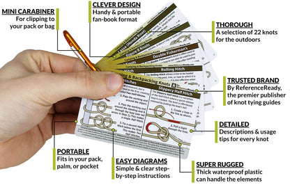 ReferenceReady Outdoor Knots Pocket Guide - Waterproof Knot Tying Cards with Mini Carabiner, 22 Rope Knots for Camping, Backpacking, Scouting and Wilderness Survival