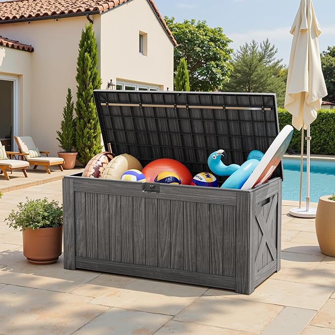 Greesum Outdoor Storage Box 120 Gallon Storage Bin with Lid for Patio Furniture, Garden Tools, Pool Supplies, Lockable, Waterproof and UV Resistant, Gray