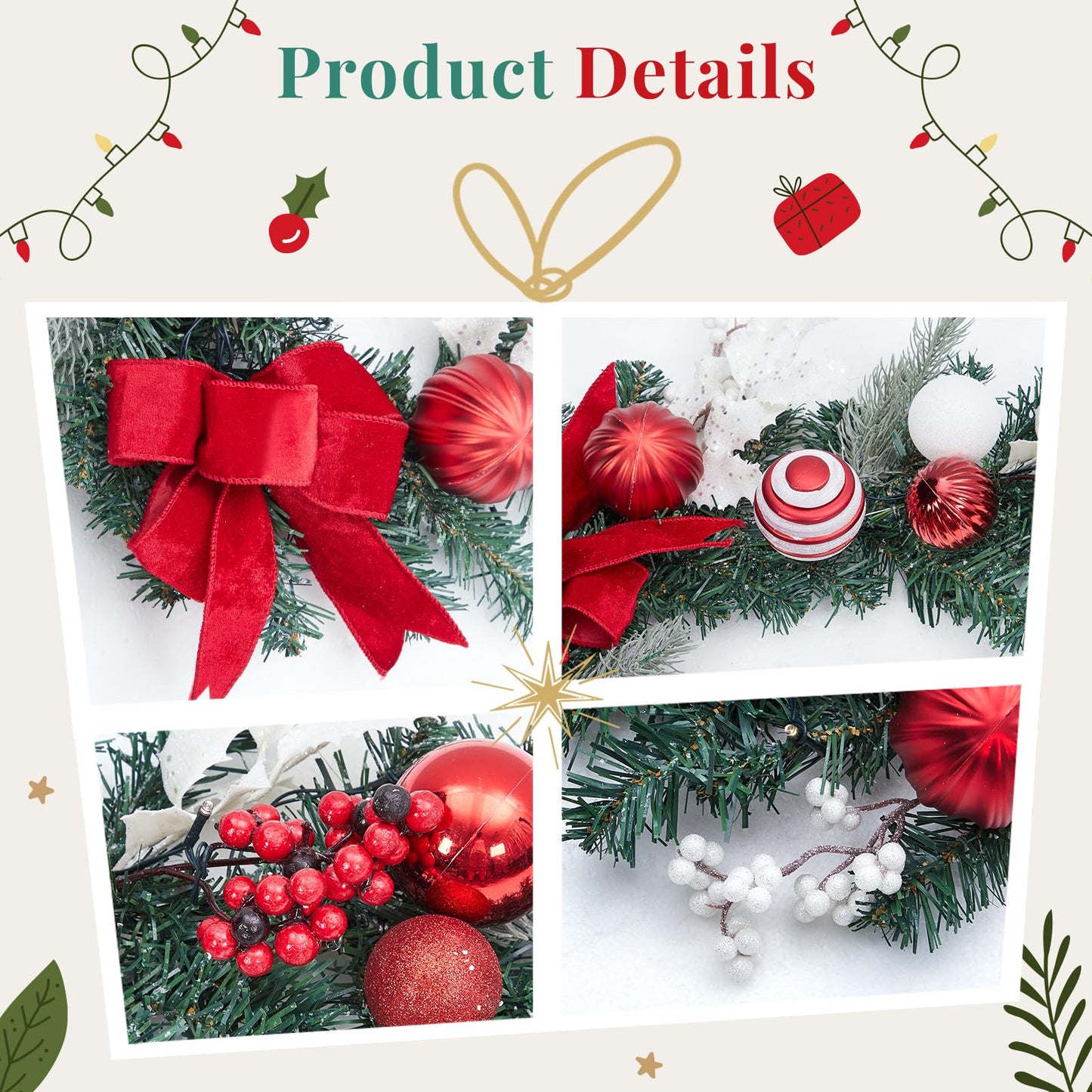 FairyLee 6ft Battery Operated Christmas Garland with 20 LED Lights & Timer, Pre-Lit Artificial Garland for Mantle, Staircase, Table, Indoor Outdoor Xmas Holiday Decor,Red Bow
