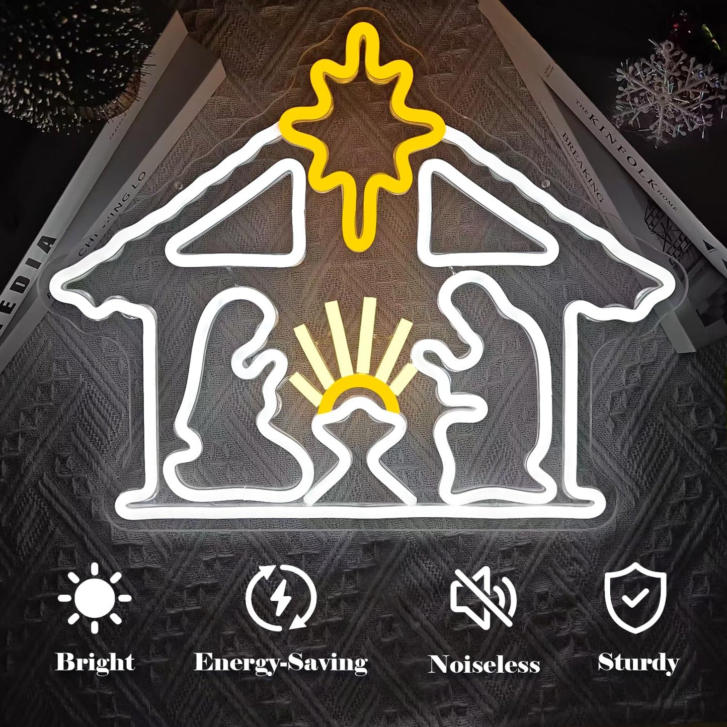 Vveikea Christmas Neon Sign Lighted Nativity Scene Led Sign Light Up Nativit Scene Indoor Jesus Lights Nativity Window Lights Led christmas Window Decorations