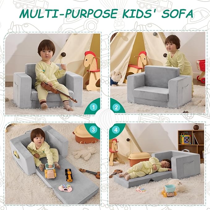Kids Couch, 2-in-1 Toddler Chair Comfy 1-3 Years Old, Convertible Kids Chair